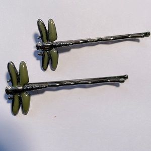 Olive green rhinestone Vintage 90s dragonfly enamel Bobby pins